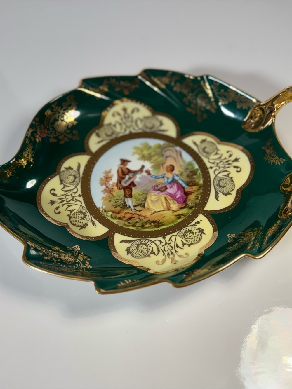 Vintage J.K Decor Carlsbad Porcelain Serving Tray Courting Scene 8" Green Gold